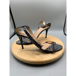 JCREW SIZE 9.5 WOMEN WHITE AZTEC PRINT ALMOND TOE STRAP 3 INCH HEELS